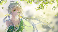  absurdres bare_shoulders blurry breasts chinese_clothes cleavage collarbone commentary_request eyelashes female floating_hair frown green_eyes grey_hair hair_ornament hair_over_shoulder hair_ribbon hair_rings hanfu head_tilt highres leaf long_hair looking_away luo_tianyi medium_breasts off_shoulder plant ribbon sad sash shan-n solo twintails upper_body vocaloid vsinger white_hair wind yellow_ribbon 