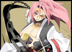  baiken chains commentary_request female grin guilty_gear katana pink_hair ryu3224 scar smile solo sword weapon 