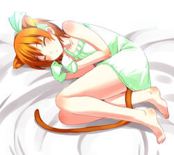  animal_ears barefoot cat_ears cat_tail closed_eyes commentary_request female gloves hair_ribbon hoshizora_rin love_live! love_live!_school_idol_project lying natsuki_shuri on_side orange_hair orange_tail ribbon short_hair sleeping solo tail 