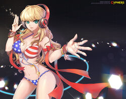  american_flag american_flag_bikini american_flag_print bad_id bad_pixiv_id bikini blonde_hair bracelet breasts clare_smith cyphers female flag_print green_eyes hands hatchi headphones jewelry lips long_hair medium_breasts navel photoshop_(medium) print_bikini ring smile solo swimsuit 