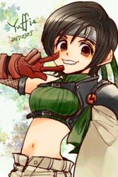  breasts brown_hair commentary_request crop_top female final_fantasy final_fantasy_vii gloves headband highres looking_at_viewer midriff ninja open_fly open_mouth ribbed_sweater short_hair shorts sleeveless sleeveless_turtleneck smile solo sweater turtleneck unzipped yadoso yuffie_kisaragi 