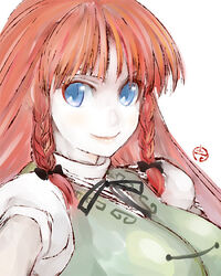  blue_eyes braid female hong_meiling itsukage long_hair no_headwear red_hair solo touhou twin_braids 