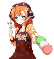  :t apron bandana blue_eyes commentary_request dango eating female food kosaka_honoka looking_at_viewer love_live! love_live!_school_idol_festival love_live!_school_idol_project natsuki_shuri orange_hair sanshoku_dango short_hair simple_background skewer solo star_(symbol) wagashi white_background 