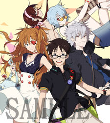  2boys 3girls ayanami_rei bad_id bad_pixiv_id bag bespectacled blue_eyes blue_hair brown_hair casual dress expressionless eyepatch glasses grey_hair ikari_shinji jewelry makinami_mari_illustrious meer_rowe multiple_boys multiple_girls nagisa_kaworu neon_genesis_evangelion orange_hair photoshop_(medium) rebuild_of_evangelion red_eyes ring sample_watermark skirt smile souryuu_asuka_langley sunglasses watermark 