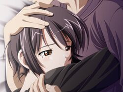  brown_eyes brown_hair female game_cg hug isurugi_chie katakura_shinji kira_kira ribbon short_hair 