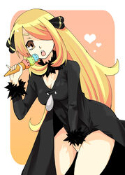  :o \m/ bad_id bad_pixiv_id bent_over between_legs black_coat black_shirt blonde_hair bottomless breasts brown_eyes cleavage coat covering_crotch covering_privates cowboy_shot cynthia_(pokemon) eyelashes female food fur_collar fur_trim hair_ornament hair_over_one_eye heart holding holding_food ice_cream ice_cream_cone leaning_forward long_hair long_sleeves looking_at_viewer matsumoto_waka medium_breasts open_mouth photoshop_(medium) pokemon pokemon_dppt shirt sidelocks solo standing straight_hair tareme taut_clothes teeth tongue triple_scoop very_long_hair 