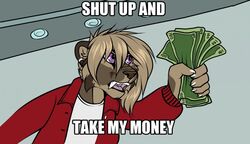  ambiguous_gender anthro brown_body brown_fur brown_nose clothed clothing comedy_central digital_media_(artwork) ear_piercing english_text extinct f-r95 falla_(f-r95) fangs felid fur futurama hair holding_money holding_object humor jacket mammal meme money open_mouth parody philip_j._fry piercing prehistoric_species purple_eyes saber-toothed_tiger sabertooth_(anatomy) shut_up_and_take_my_money simple_background solo tan_hair teeth text topwear 