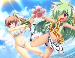  2girls ;q absurdres animal_ears animal_hands barefoot batai beach bikini breasts brown_hair cat_ears chains cleavage dual_wielding earrings flat_chest gloves green_hair highres holding jewelry koihime_musou kuwada_yuuki long_hair moukaku multiple_girls navel ocean oerba_yun_fang official_art one_eye_closed open_mouth paw_gloves paw_shoes purple_eyes red_eyes shoes side_ponytail smile striped_bikini striped_clothes sunlight swimsuit tail tears tongue tongue_out wading water_gun wince 