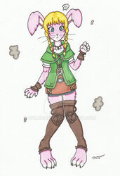  2015 a_link_to_the_past after_transformation anthro blonde_hair blue_eyes clothed clothing cqmorrell exclamation_point female fur hair hyrule_warriors knock-kneed lagomorph leporid link_(rabbit_form) linkle mammal nintendo pigeon_toed pink_body pink_fur question_mark rabbit simple_background solo standing surprise the_legend_of_zelda white_background 