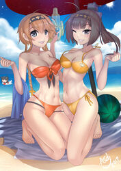  2017 3girls :d ;d ahoge akizuki_(kancolle) animal_ears animal_print arm_up asdj bandeau bare_arms bare_legs bare_shoulders barefoot beach beach_umbrella bikini black_hair blue_sky blunt_bangs blush braid breasts brown_hair chibi cleavage closed_mouth cloud collarbone commentary day english_commentary food front-tie_bikini_top front-tie_top fruit grey_eyes grin groin hair_between_eyes hand_up hatsuzuki_(kancolle) headband headgear highres holding holding_towel kantai_collection kneeling lifebuoy light_particles long_hair looking_at_viewer medium_breasts multiple_girls navel ocean one_eye_closed open_mouth orange_bikini outdoors partially_submerged photoshop_(medium) ponytail print_bikini sand shade side-tie_bikini_bottom signature sky smile stomach sun sunlight swim_ring swimming swimsuit swimsuit_under_swimsuit teruzuki_(kancolle) towel twin_braids umbrella water_gun watermelon yellow_bikini 