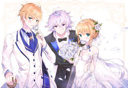  2boys ahoge arms_behind_back arthur_pendragon_(fate) arthur_pendragon_(white_rose)_(fate) artoria_pendragon_(fate) bare_shoulders black_bow black_bowtie black_jacket black_pants black_suit blonde_hair blue_bow blue_neckwear blush bouquet bow bowtie braid braided_bun breasts buttons cleavage closed_mouth collarbone collared_shirt commentary covered_navel covering_own_mouth cross dress dress_shirt earrings elbow_gloves english_commentary excalibur_(fate/prototype) falling_petals fate/grand_order fate/stay_night fate_(series) female fingernails floating_hair flower formal framed gem gloves gradient_hair green_eyes hair_between_eyes hair_bun hair_flower hair_ornament hair_ribbon hand_on_hilt highres holding holding_flower jacket jewelry kh_(kh_1128) leaning_forward light_particles long_hair long_sleeves looking_at_viewer medium_breasts merlin_(avalon_celebrate)_(fate) merlin_(fate) multicolored_hair multiple_boys necklace necktie official_alternate_costume open_clothes open_jacket pants parted_lips pearl_necklace petals pink_hair pinstripe_pattern pinstripe_suit purple_eyes ribbon rose rose_petals saber_(avalon_celebrate)_(fate) saber_(fate) see-through shirt short_hair sidelocks smelling_flower smile standing strapless strapless_dress striped_clothes striped_shirt suit tie_clip traditional_bowtie unbuttoned vertical-striped_clothes vertical-striped_shirt very_long_hair waistcoat white_background white_dress white_flower white_gloves white_hair white_jacket white_pants white_ribbon white_rose white_suit wing_collar 