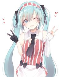  ;d apron bare_shoulders black_bow black_gloves black_neckwear blue_eyes blush bow commentary_request detached_sleeves double_v dress female gloves green_hair hair_between_eyes hatsune_miku head_tilt headdress heart kojiki-life long_hair looking_at_viewer one_eye_closed open_mouth single_glove single_sleeve sleeves_past_wrists smile solo striped_clothes striped_dress sweets_paradise twintails v very_long_hair vocaloid waist_apron waitress white_apron white_background wing_collar 