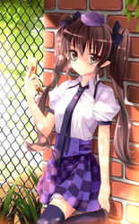  brick_wall brown_eyes brown_hair cellphone checkered commentary_request female fence hat heart himekaidou_hatate long_hair nanairo_fuusen necktie phone pointy_ears skirt solo thighhighs tokin_hat touhou twintails 