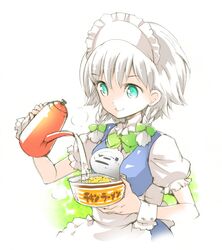  apron aqua_eyes blue_dress braid commentary_request cup_ramen dress female food hair_ribbon ichizen_(o_tori) izayoi_sakuya kettle maid maid_headdress nissin_chicken_ramen noodles puffy_sleeves ramen ribbon short_sleeves smile solo touhou twin_braids upper_body waist_apron white_hair wrist_cuffs 