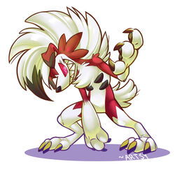  anthro artsy better_version_at_source biped black_nose canid canine canis claws digitigrade fur generation_7_pokemon hi_res lycanroc mammal midnight_lycanroc nintendo pokemon pokemon_(species) red_body red_eyes red_fur semi-anthro sharp_teeth simple_background solo teeth white_background wolf 