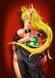  alternate_hairstyle aqua_eyes armlet ass back backless_dress backless_outfit bare_arms bare_back bare_shoulders black_collar black_dress blonde_hair bowsette bracelet breasts collar commentary_request crown dress female fingernails from_behind hair_down hand_on_own_hip horns jewelry large_breasts long_fingers long_hair looking_at_viewer looking_back mario_(series) mizuhachi_saru new_super_mario_bros._u_deluxe pelvic_curtain photoshop_(medium) pointy_ears princess red_background sharp_fingernails shoulder_blades solo spiked_armlet spiked_bracelet spiked_collar spiked_shell spikes standing strapless strapless_dress super_crown turtle_shell v-shaped_eyebrows very_long_hair vignetting 