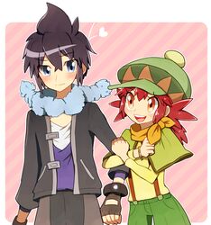  1boy ako_(ako0905) alain_(pokemon) arm_hug blue_eyes blush brown_eyes commentary_request female hat heart locked_arms lolicon long_hair mairin_(pokemon) pokemon pokemon_(anime) pokemon_xy_(anime) purple_hair red_hair short_hair smile 