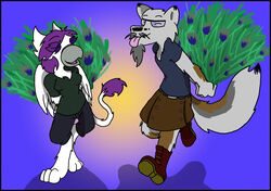  2011 anthro avian barefoot beak beard canid canine closed_eyes clothed clothing duo facial_hair feathered_wings feathers feet female fox fur gradient_background grey_body grey_fur gryphon hair kilt kinogriffin male mammal mythological_avian mythological_creature mythology peacock_feather purple_hair simple_background standing tail tongue tongue_out white_body white_feathers white_fur wings 