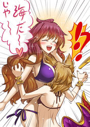  2girls between_breasts bikini bobomaster bracelet breast_smother breasts brown_hair cape closed_eyes commentary_request earmuffs face_to_breasts gradient_hair head_between_breasts hijiri_byakuren jewelry large_breasts long_hair multicolored_hair multiple_girls open_mouth photoshop_(medium) purple_hair short_hair side-tie_bikini_bottom smile sparkle speech_bubble swimsuit touhou toyosatomimi_no_miko translated yuri 