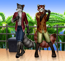  3d_(artwork) ailurid aloha_shirt anthro barefoot beverage black_body black_fur black_nose bottle bottomwear brown_body brown_eyes brown_fur camera clothed clothing container dan_scarlet denim denim_bottomwear denim_clothing digital_media_(artwork) duo feet fur glass green_eyes grey_body grey_fur jeans male male/male mammal orange_body orange_fur outside palm_tree pants pattern_clothing pattern_shirt pattern_topwear photo plant procyonid raccoon red_body red_fur red_panda sea shirt shorts silly smile summer text topwear tree url water white_body white_fur 