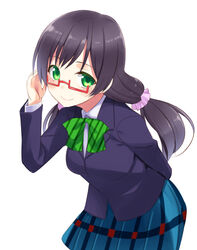  bespectacled black_hair blazer commentary_request female glasses green_eyes jacket long_hair looking_at_viewer love_live! love_live!_school_idol_project natsuki_shuri otonokizaka_school_uniform pink_scrunchie ribbon school_uniform scrunchie smile solo tojo_nozomi twintails 