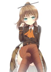  aqua_eyes brown_hair commentary_request crossed_legs female kantai_collection kumano_(kancolle) long_hair looking_at_viewer natsuki_shuri ponytail sitting smile solo thighhighs 