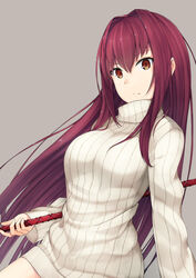  breasts brown_background brown_eyes closed_mouth commentary_request fate/grand_order fate_(series) female gae_bolg_(fate) grey_background grey_sweater hair_intakes hiraba_6018 holding holding_weapon large_breasts long_hair looking_at_viewer partial_commentary polearm purple_hair ribbed_sweater scathach_(fate) sidelocks simple_background solo spear sweater turtleneck turtleneck_sweater upper_body weapon 