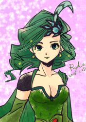  aged_up breasts cape cleavage commentary_request dress earrings female final_fantasy final_fantasy_iv green_eyes green_hair hair_ornament jewelry long_hair looking_at_viewer rydia_(ff4) solo yadoso 