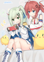  ! !! !? 2girls :d :o ahoge an_shan_(azur_lane) azur_lane bird black_gloves blue_eyes blush boots braid cape chicken commentary_request cross-laced_footwear epaulettes fingerless_gloves french_braid fu_shun_(azur_lane) game_over gloves green_eyes green_hair grey_background hair_ornament hairclip handheld_game_console highres horns long_hair long_sleeves manjuu_(azur_lane) multiple_girls musical_note necktie open_mouth playing_games ponytail red_hair sitting smile spoken_musical_note t@ke-g twitter_username video_game 