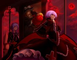  2girls beatrice_(umineko) beatrice_(umineko)_(cosplay) blazblue butler commentary_request cosplay crossover female_butler gii hong_meiling izayoi_sakuya kirisame_marisa moon multiple_girls nago pokey rachel_alucard rachel_alucard_(cosplay) red_moon remilia_scarlet touhou umineko_no_naku_koro_ni valkenhayn_r._hellsing valkenhayn_r._hellsing_(cosplay) 