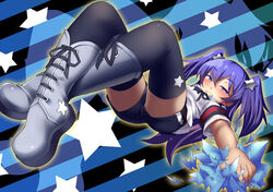  black_shorts boots commentary_request female gen&#039;ei_wo_kakeru_taiyou hoshikawa_seira photoshop_(medium) purple_eyes purple_hair shorts solo star_(symbol) tanaka_ahiru thighhighs twintails 