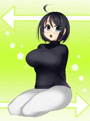  ahoge bad_id bad_pixiv_id black_hair blush breasts brown_eyes commentary_request female glasses highres kneeling large_breasts looking_at_viewer open_mouth oyuki_(otozuki_mozuku) servant_x_service short_hair solo sweater yamagami_lucy 