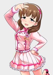  :d \||/ bad_id bad_twitter_id belt blue_eyes bow brown_hair buckle buttons commentary cowboy_shot female finger_ribbon flower flower_ornament hair_ribbon hairband hairbow hand_on_own_hip hand_up heart heart-shaped_buckle heart_belt idol idolmaster idolmaster_cinderella_girls kira!_mankai_smile_(idolmaster) layered_skirt leg_up light_smile long_sleeves looking_at_viewer medium_hair momoda_yasuhito open_hand open_mouth palms pleated_skirt pose ribbon sakuma_mayu short_hair simple_background skirt smile thighs white_background 