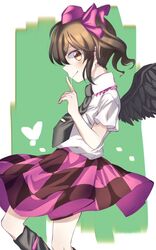  bad_id bad_twitter_id bird_wings black_wings blush brown_eyes brown_hair checkered_clothes checkered_skirt collared_shirt commentary female finger_to_mouth hair_ribbon hat heart himekaidou_hatate iiha_toobu kneehighs looking_at_viewer necktie pointy_ears profile ribbon shirt short_hair skirt smile socks solo tokin_hat touhou twintails wings 