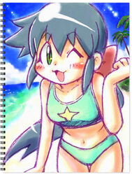  :3 ;3 azumaya_koyuki beach bikini blush female female green_eyes green_hair hakkatou keroro_gunsou long_hair ocean one_eye_closed ponytail smile swimsuit very_long_hair water wink 