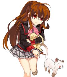  bad_id bad_pixiv_id bow brown_hair feline female highres little_busters! little_busters!_school_uniform long_hair natsume_rin pink_bow plaid plaid_skirt ponytail red_eyes school_uniform sennen_suisei skirt standing standing_on_one_leg 