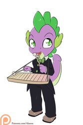  2016 2:3 alasou anthro clothing dragon friendship_is_magic glockenspiel green_eyes hasbro hi_res holding_object male musical_instrument my_little_pony mythological_creature mythological_scalie mythology patreon patreon_logo percussion_instrument scalie simple_background solo spike_(mlp) tail text url website_logo white_background 