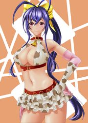  animal_print antenna_hair audere bell blazblue blazblue_remix_heart blue_hair blush bow breasts cleavage collar cosplay cow_print elbow_gloves female gloves hairbow highres idolmaster idolmaster_cinderella_girls large_breasts long_hair looking_at_viewer mai_natsume midriff navel neck_bell oikawa_shizuku oikawa_shizuku_(cosplay) ponytail red_eyes ribbon skirt smile solo yellow_bow 