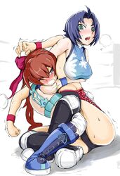  2girls bad_id bad_pixiv_id blue_hair boots bow breasts brown_hair green_eyes hair_ribbon hairbow highres knee_pads large_breasts leotard long_hair lucky_uchida multiple_girls nexas ponytail purple_eyes ribbon short_hair sweat thigh_boots thighhighs thunder_ryuko wrestle_angels wrestle_angels_survivor wrestling wrestling_outfit wrestling_ring 