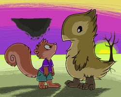  5:4 aliasing anthro avian barefoot bird bottomwear buckteeth buttonverse clothed clothing digital_media_(artwork) duo eye_contact feet flat_colors fully_clothed landscape levitation looking_at_another looking_up male mammal mizzyam rickie_squirrel rodent sciurid semi-anthro shirt shorts side_view size_difference stare surreal teeth topwear tree_squirrel young young_anthro 