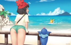  ass bag beach beanie blush cloud commentary day female hat kuroonehalf leaning_forward ocean open_mouth outdoors pikachu pokemon pokemon_(creature) pokemon_sm popplio selene_(pokemon) shirt short_hair short_shorts short_sleeves shorts sky smile surfboard surfing surfing_pikachu 