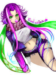  asymmetrical_clothes bad_id bad_pixiv_id bandaid belt breasts chewing_gum commentary female genderswap_(otf) green_eyes green_hair hand_on_own_hip highres jacket kha&#039;zix kumiko_shiba large_breasts league_of_legends long_hair midriff multicolored_hair navel open_clothes open_jacket pants pink_hair rule_63 scarf sidelocks single_pantsleg solo torn_clothes torn_pants two-tone_hair 