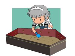  bag blue_vest braid chibi closed_mouth coffin commentary_request dirt female grey_hair holding holding_bag holding_shovel izayoi_sakuya litter_box maid_headdress onikobe_rin shirt short_hair short_sleeves shovel solo touhou twin_braids vest white_shirt 