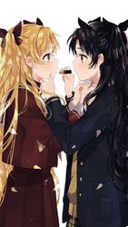  2girls alternate_costume applying_makeup bad_id bad_twitter_id black_bow black_hair blonde_hair blue_coat bow brown_eyes brown_sweater coat cosmetics ereshkigal_(fate) eye_contact fate/grand_order fate_(series) from_side hairbow highres holding holding_lipstick_tube i_(yunyuniraaka) ishtar_(fate) lipstick_tube long_hair looking_at_another multiple_girls pleated_skirt red_bow red_eyes red_shirt red_skirt sailor_collar shirt siblings simple_background sisters skirt standing sweater twintails very_long_hair white_background white_sailor_collar 