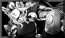  1boy armor cape helmet long_hair male male_focus marvel mjolnir monochrome muscle solo thor_(marvel) 