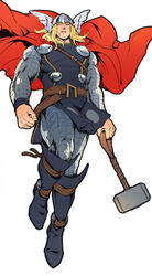  1boy blonde_hair blue_eyes cape helmet long_hair male male_focus marvel mjolnir muscle solo thor_(marvel) 