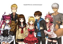  3boys 4girls ahoge animal_ears animal_print archer_(fate) archer_(modern_black_costume)_(fate) arm_hug arms_behind_back bad_id bad_pixiv_id bespectacled blonde_hair blue_eyes brown_eyes brown_hair casual crossed_arms earrings elizabeth_bathory_(fate) elizabeth_bathory_(fate/extra_ccc) elizabeth_bathory_(second_ascension)_(fate) fate/extra fate/extra_ccc fate_(series) fox_ears fox_tail gilgamesh_(fate) gilgamesh_(modern_costume_of_volupte)_(fate) glasses green_eyes grey_eyes hair_slicked_back harano_(shirohata) hood hoodie horns jewelry kishinami_hakuno_(female) kishinami_hakuno_(male) leopard_print long_hair multiple_boys multiple_girls necklace nero_claudius_(fate) nero_claudius_(fate/extra) nero_claudius_(modern_costume_of_crimson)_(fate) official_alternate_costume pink_hair red_eyes short_hair tail tail_wagging tamamo_(fate) tamamo_no_mae_(fate/extra) tamamo_no_mae_(spring_casual)_(fate) white_hair yellow_eyes 