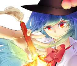  blue_hair colored_eyelashes commentary_request female fingernails food-themed_clothes glowing hands hat hinanawi_tenshi hisame_(gocbu) long_hair orange_eyes smile solo sword sword_of_hisou touhou weapon 