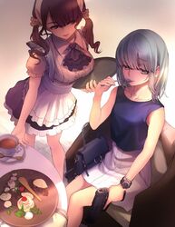  2girls alternate_costume apron ascot bad_id bad_twitter_id bag bare_arms black_dress blue_ascot blue_bag blue_shirt bracelet breasts chair character_request cherry collared_dress cream cup dress drink food frilled_apron frilled_sleeves frills fruit gradient_background grey_background grey_eyes grey_hair gun h&amp;k_usp handbag handgun holding holding_gun holding_spoon holding_tray holding_weapon jewelry koh_(minagi_kou) large_breasts leaf little_armory maid maid_headdress multiple_girls puffy_short_sleeves puffy_sleeves red_hair saucer shiina_rikka shirt short_hair short_sleeves skirt sleeveless sleeveless_shirt small_breasts spoon table tea teacup teaspoon tray trigger_discipline twintails unworn_bag watch weapon white_apron white_background white_dress white_skirt wristwatch 