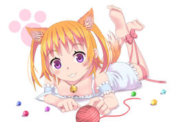  :3 animal_ears barefoot bell cat_ears cat_tail commentary_request dress feet female full_body harusaki_chiwa jewelry jingle_bell lying marble_(toy) on_stomach orange_hair ore_no_kanojo_to_osananajimi_ga_shuraba_sugiru purple_eyes ribbon ring rumil simple_background smile soles solo tail the_pose toes twintails yarn yarn_ball 